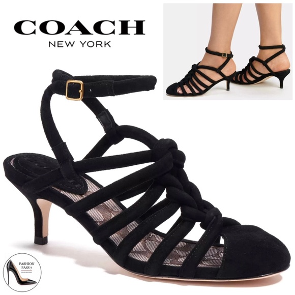 Coach Black Suede Leather Heeled Strappy Sandal Stiletto Heel Dress Shoes Pump 9 - Picture 1 of 15